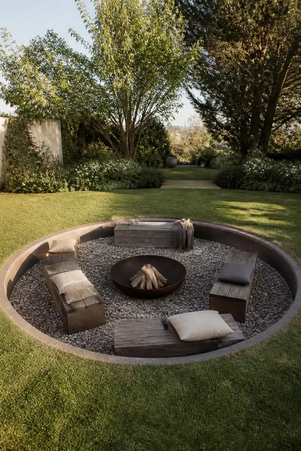 Sunken circular gravel fire pit with timber benches and bowl fire pit set into a lush garden lawn.