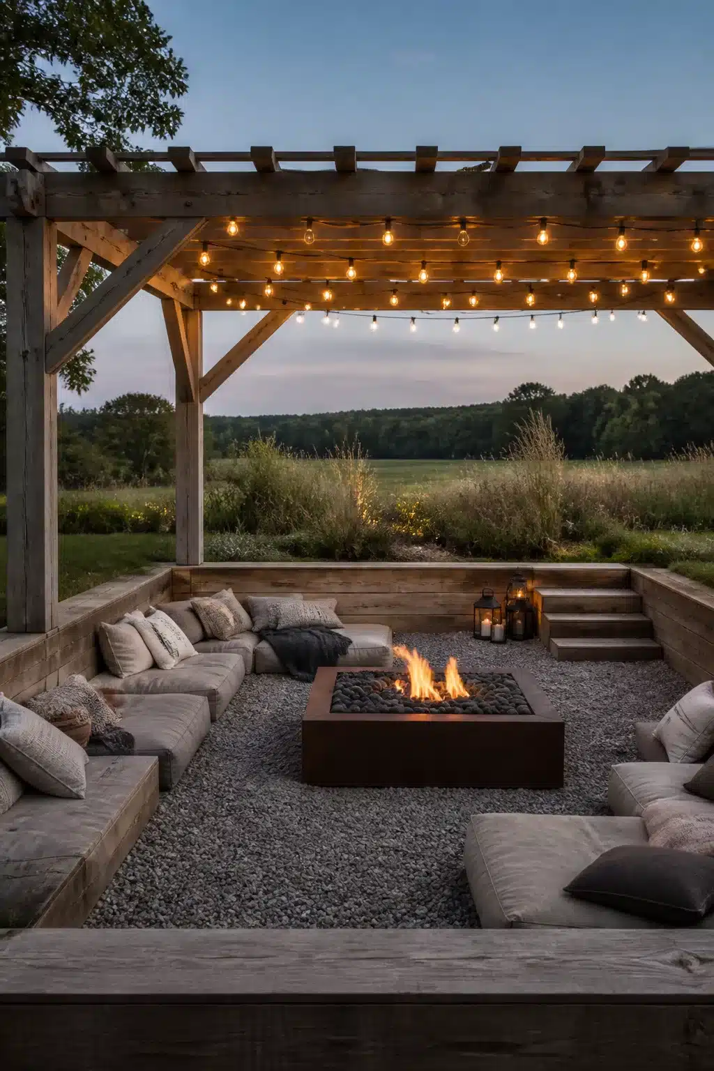 Sunken gravel fire pit seating area under a rustic timber pergola with Edison string lights at dusk.