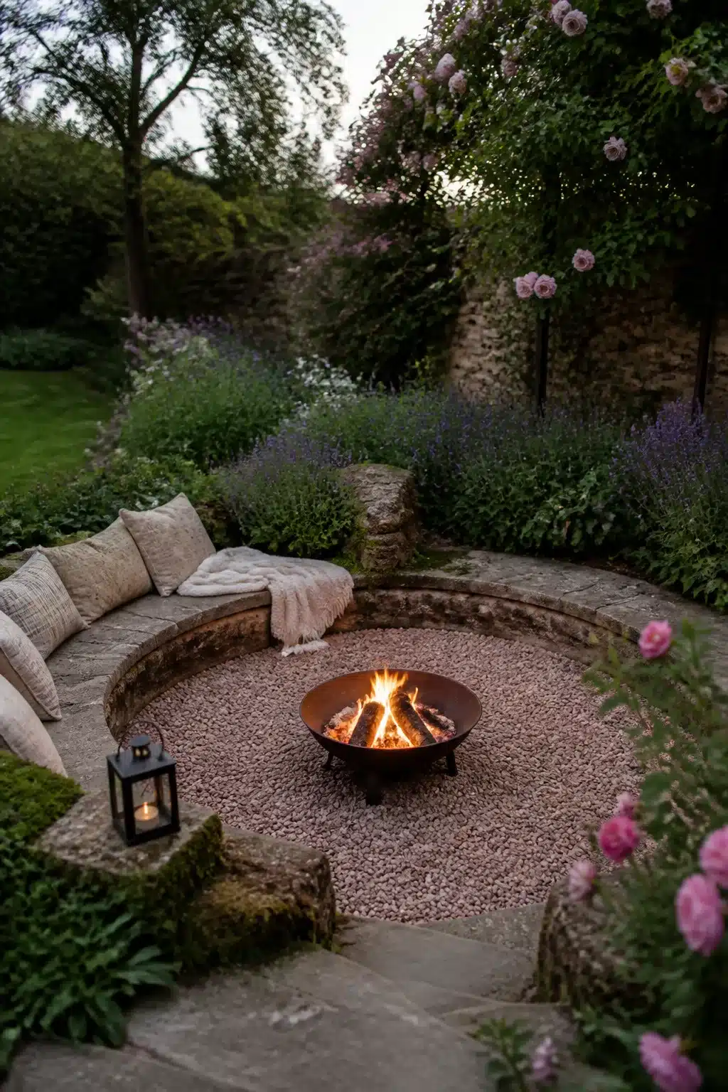 Sunken circular gravel fire pit with curved stone bench seating, roses and lavender, glowing fire bowl at dusk.