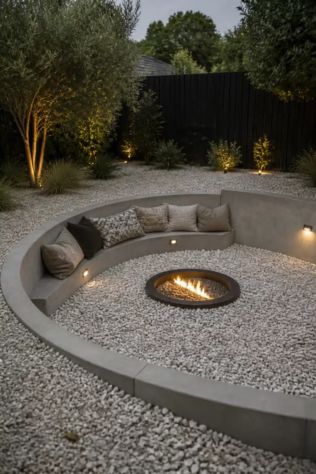Circular sunken concrete fire pit with gravel floor, built-in bench seating, cushions, and integrated wall lights at dusk.