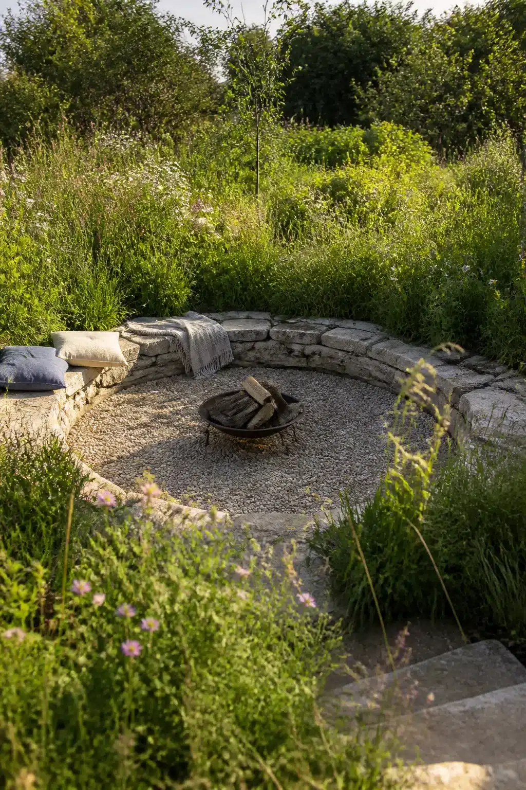 Sunken gravel fire pit with limestone bench seating surrounded by wild meadow planting and central iron fire bowl.