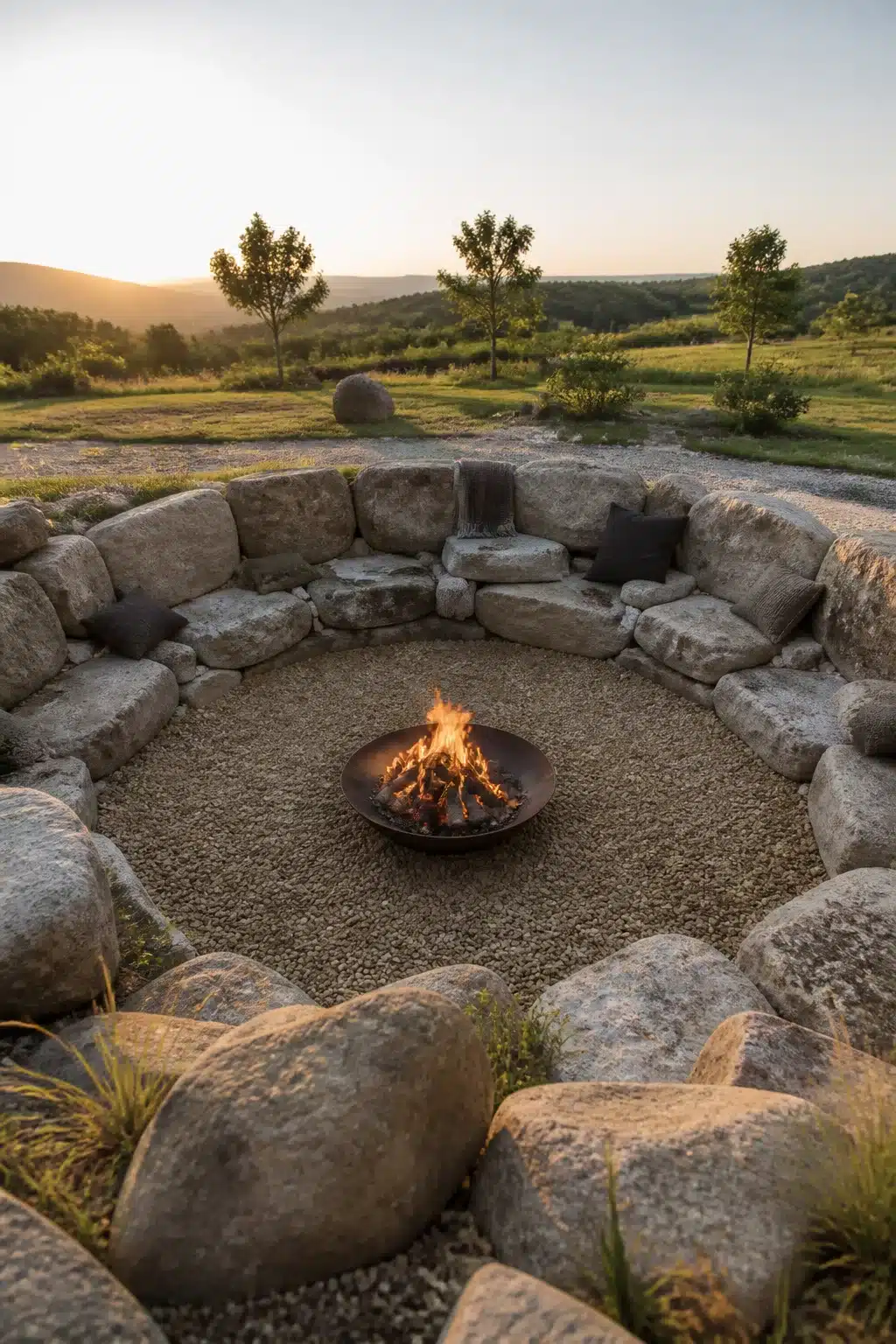Sunken circular gravel fire pit with tiered boulder seating and cast-iron bowl at golden hour.