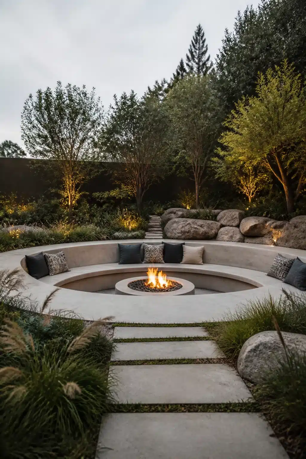 Circular sunken concrete fire pit with built-in bench seating, cushions, and uplift trees at dusk.