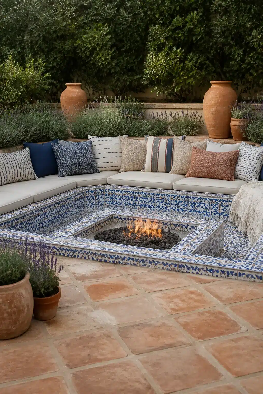 Sunken Mediterranean garden fire pit with blue mosaic tiles, built-in sofa, terracotta pavers and lavender planting.