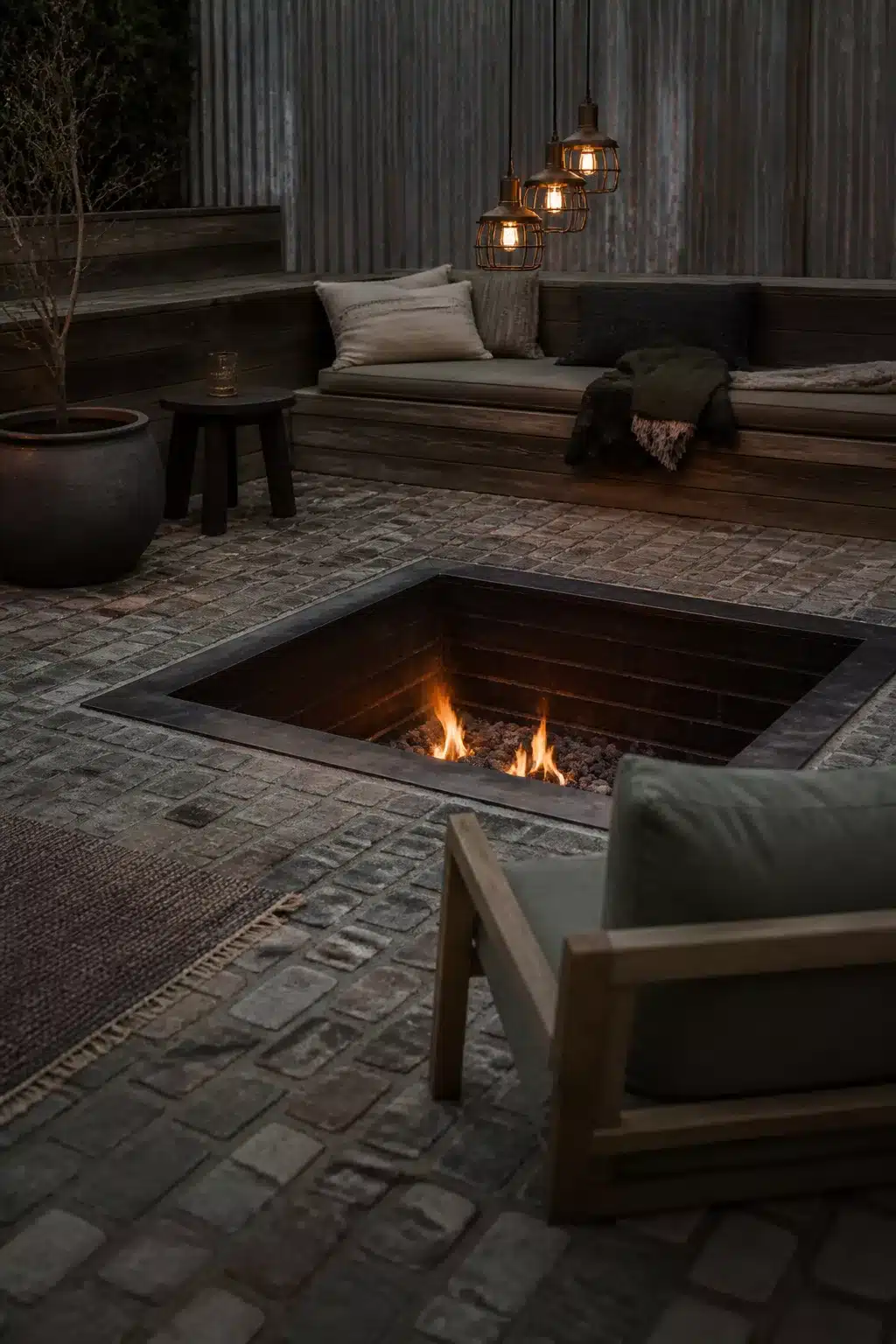 Sunken square steel fire pit set into cobblestone paving with timber bench seating and cage pendant lights.