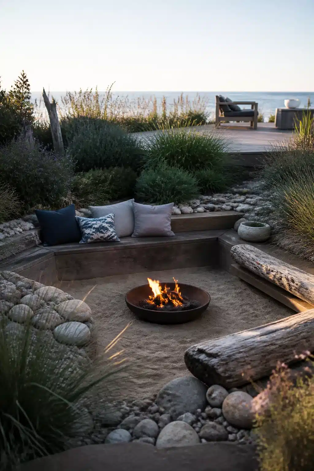 Sunken coastal fire pit with corten bowl, sand floor, driftwood logs and concrete bench seating at dusk.