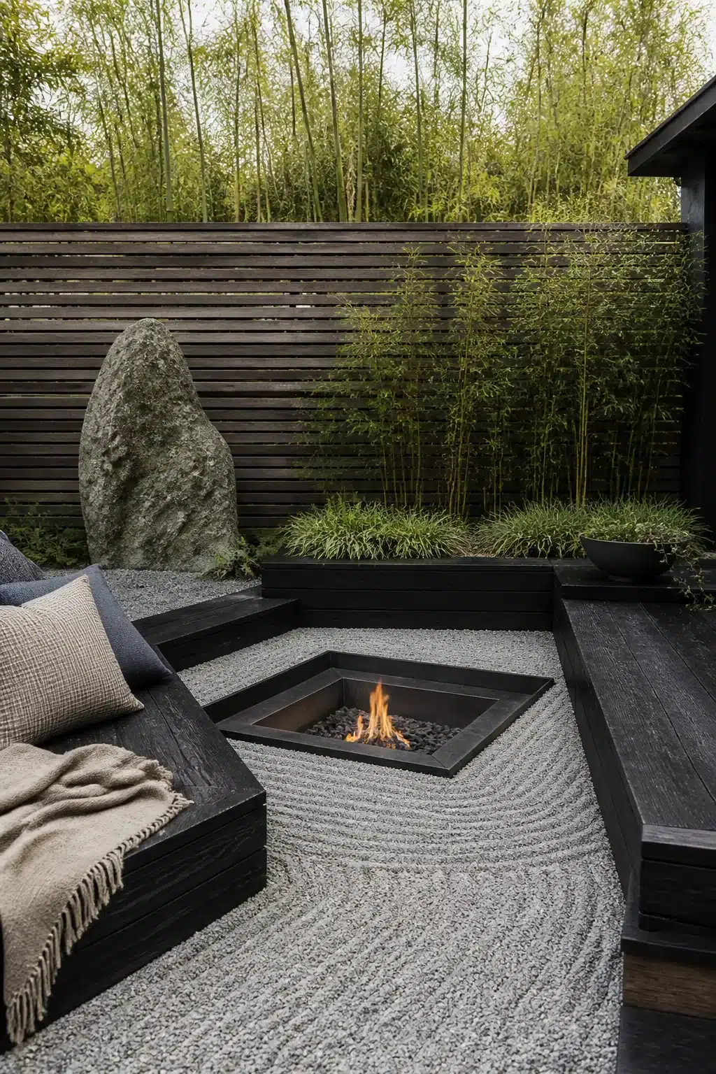 Modern Japanese Zen sunken square fire pit with raked gravel, black timber decking, bamboo, and built-in seating.