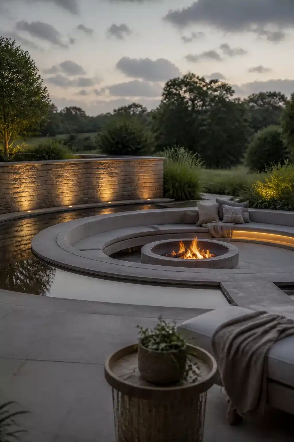 Sunken circular fire pit with wraparound water feature and LED-lit concrete seating at dusk.