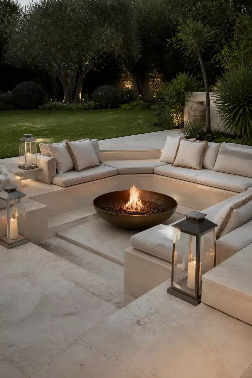 Sunken travertine outdoor lounge with built-in cushioned seating surrounding a bronze bowl fire pit at dusk.