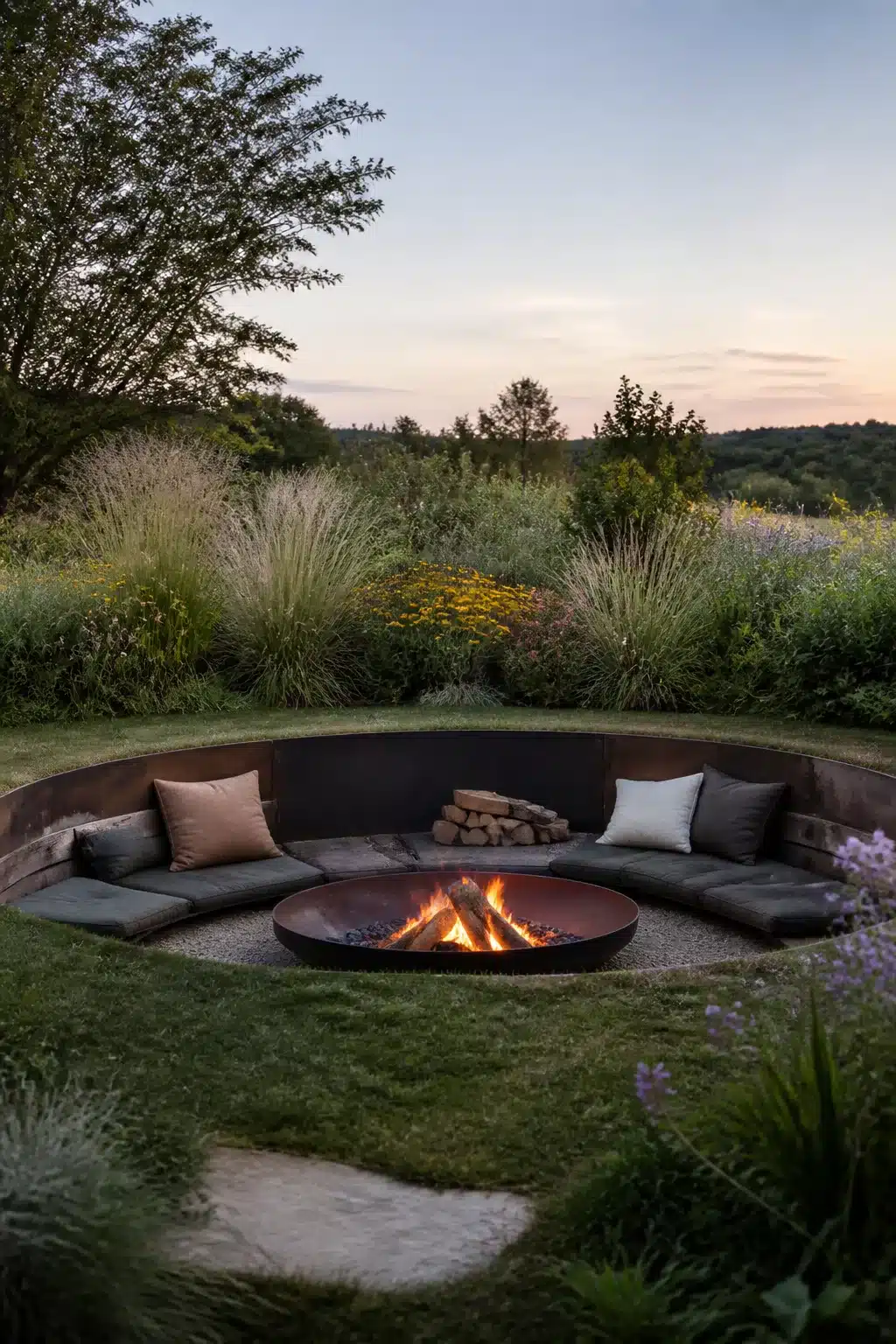 Sunken circular fire pit with Corten steel surround and built-in bench seating surrounded by prairie-style planting at dusk.