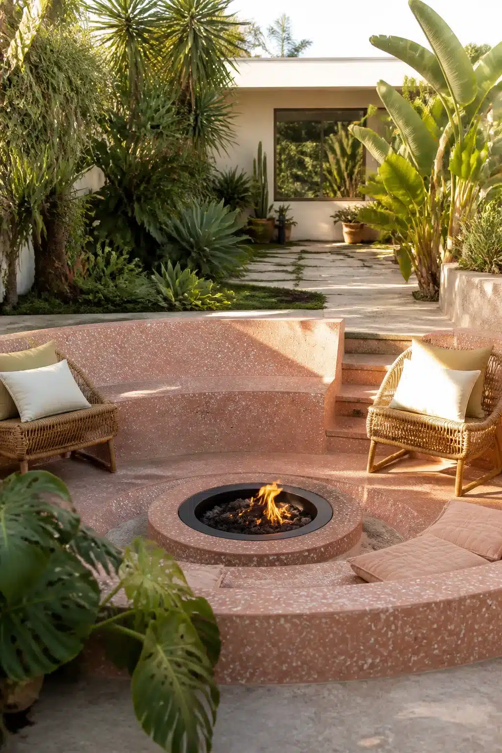 Sunken terrazzo fire pit in dusty rose with rattan chairs and tropical garden backdrop.