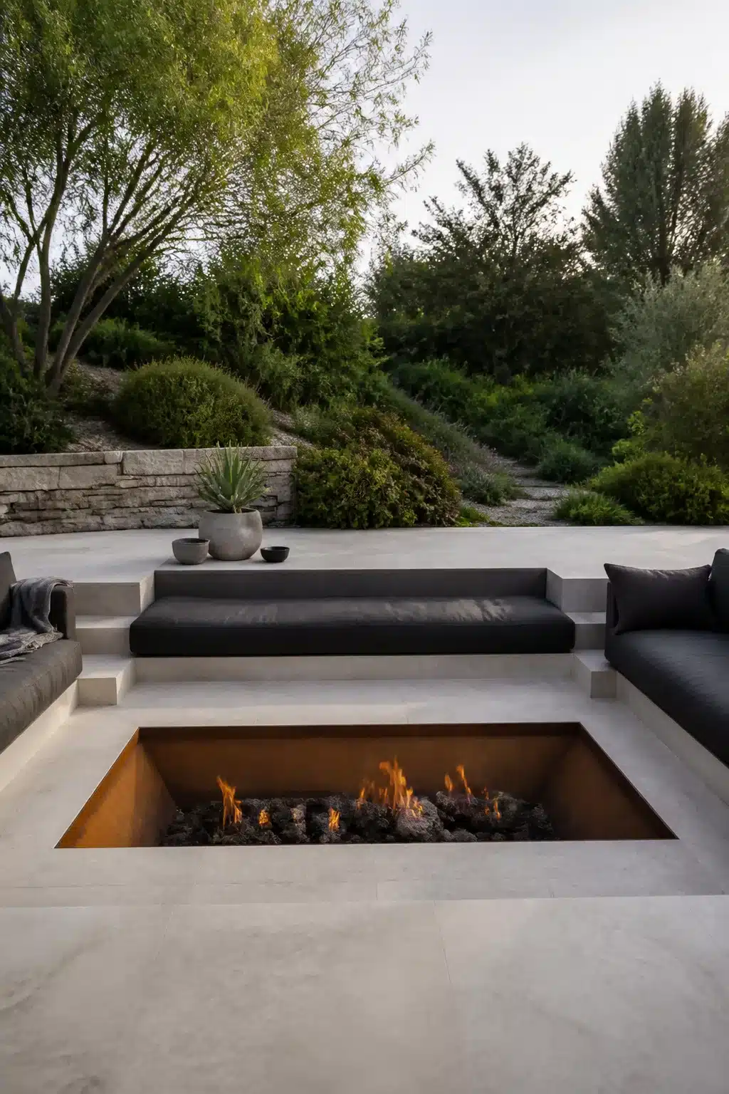 Rectangular corten steel sunken fire pit flush in concrete terrace with dark bench seating and lush garden backdrop.