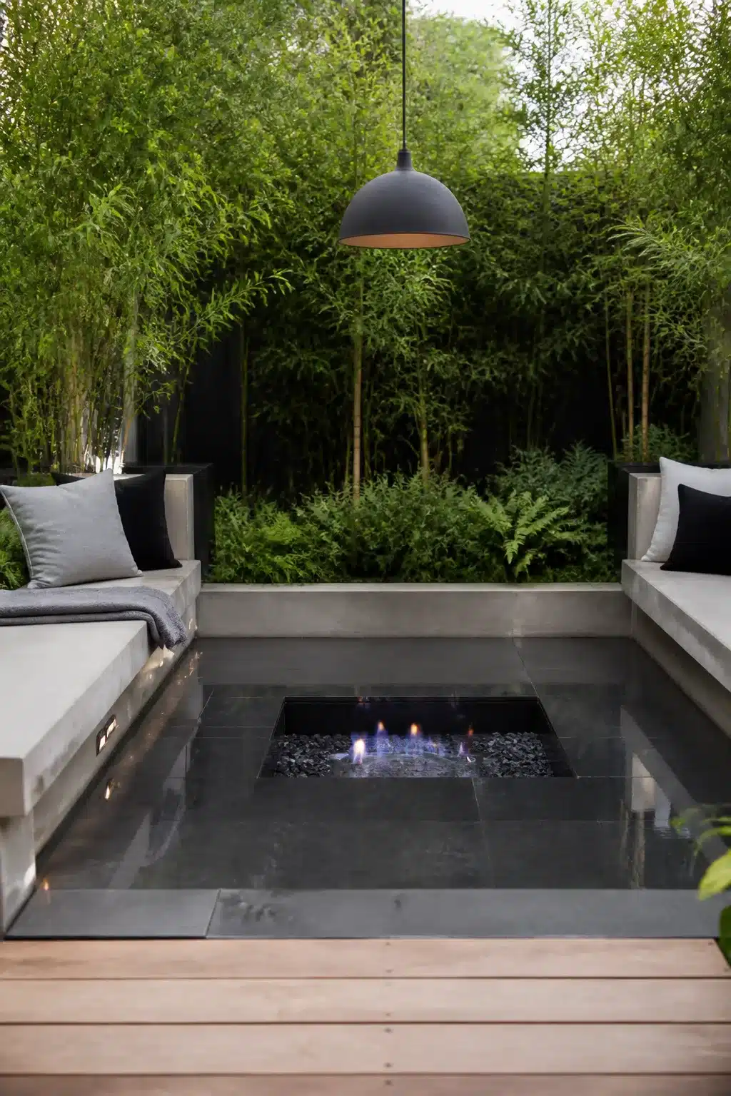 Modern sunken fire pit with dark porcelain tiles, concrete benches, black pendant light and bamboo screening in a contemporary garden.