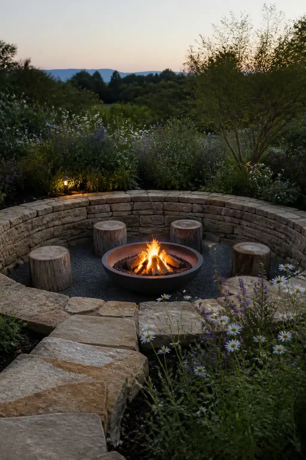 Sunken circular stone fire pit with log stump seating surrounded by wildflowers at dusk.