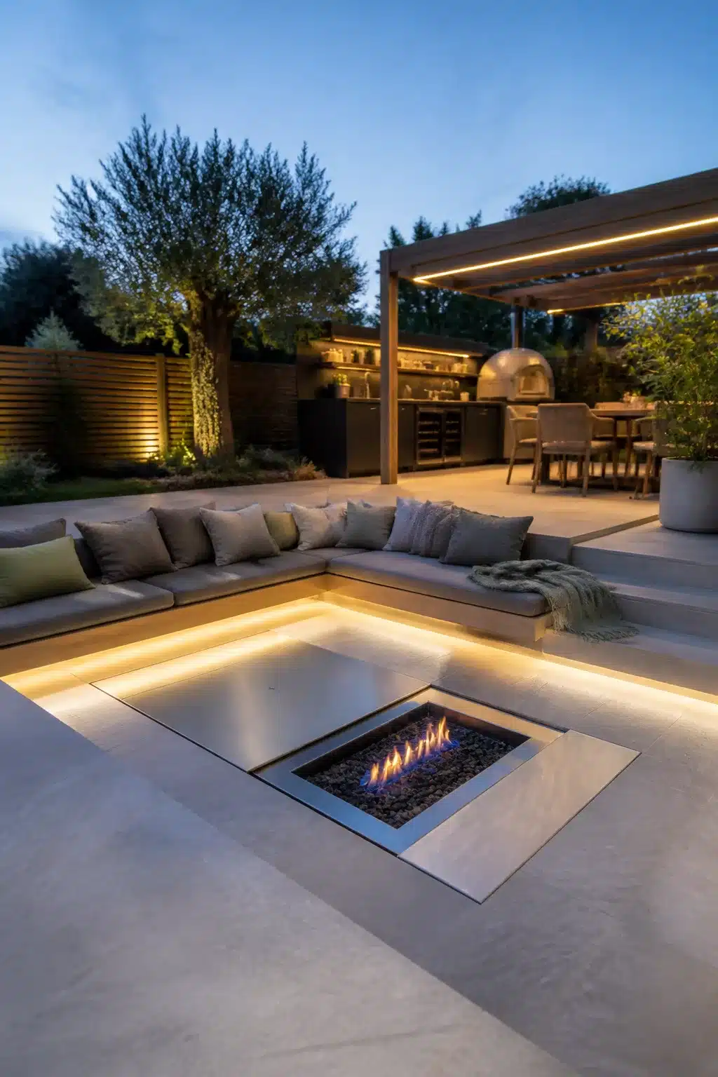 Sunken modern gas fire pit with LED-lit bench seating, limestone paving, and outdoor kitchen at dusk.