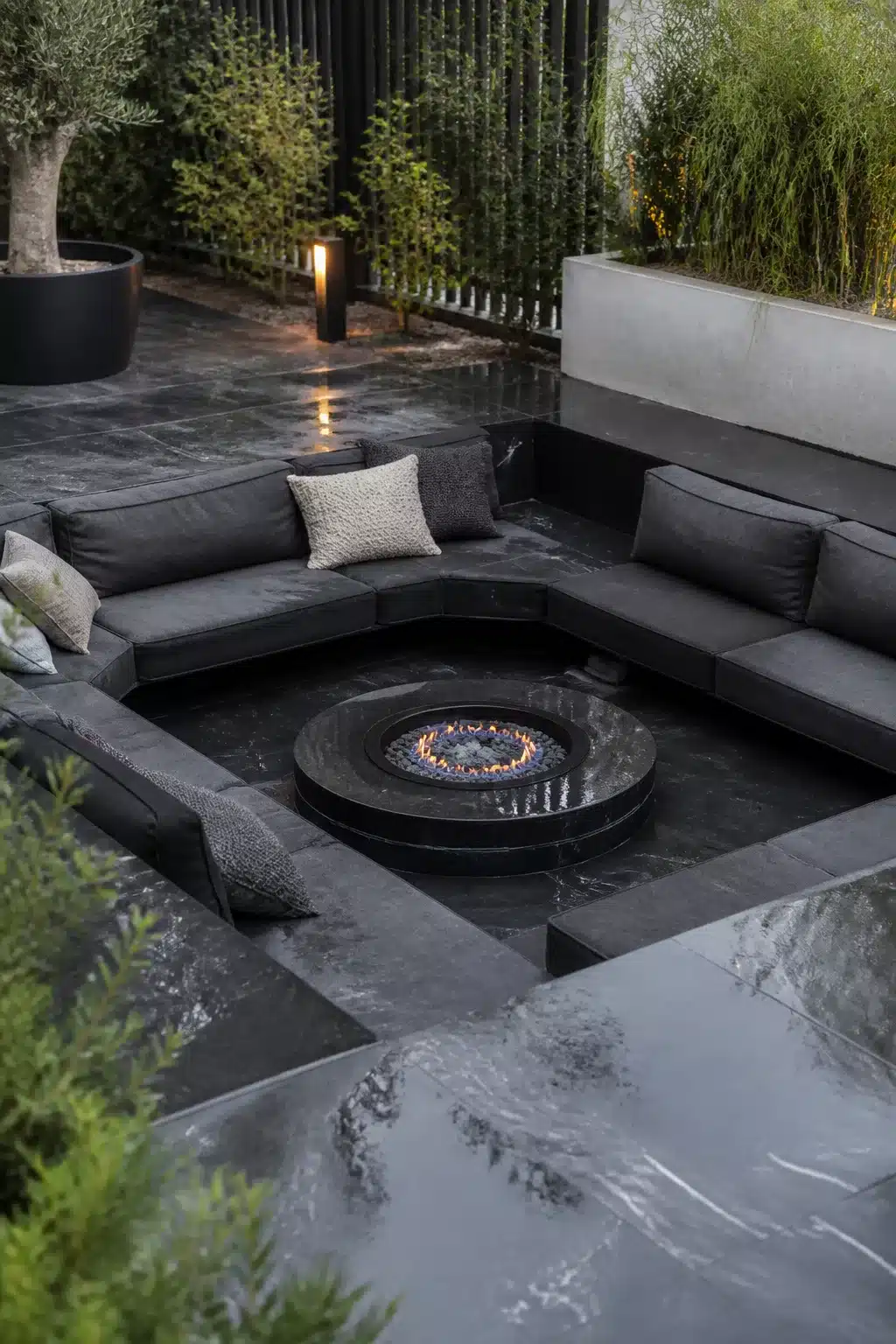 Sunken garden lounge with black granite tiles, built-in sofa seating and a lit circular gas fire pit.