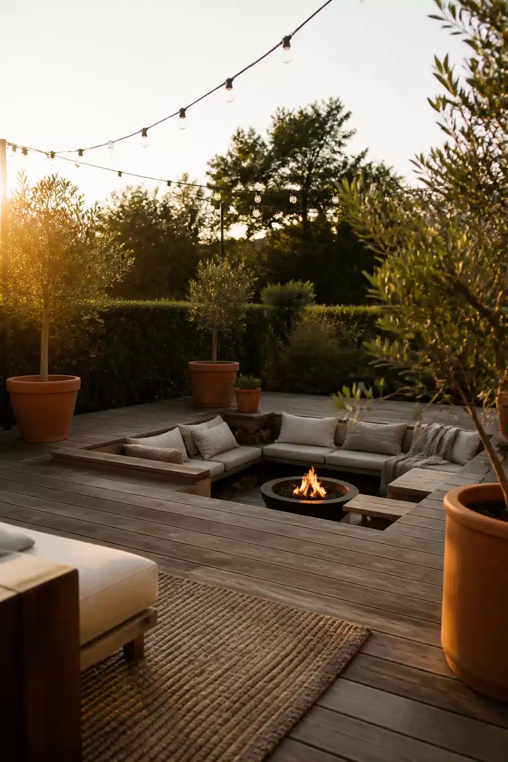 Sunken timber deck fire pit seating area with string lights and terracotta olive tree pots at dusk.