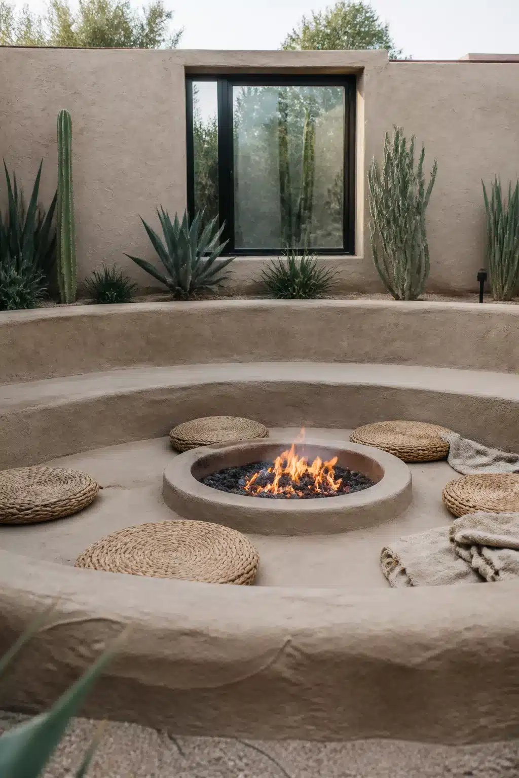 Sunken circular adobe fire pit with woven cushions, gas flames, and desert cactus garden backdrop.