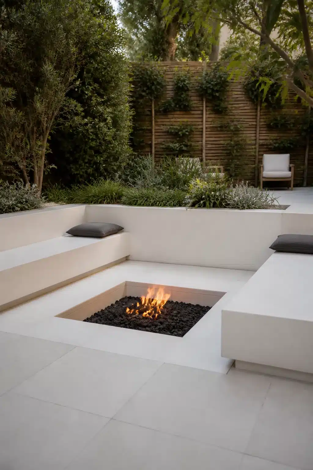Modern minimalist sunken square fire pit with white render built-in bench seating in a landscaped garden.
