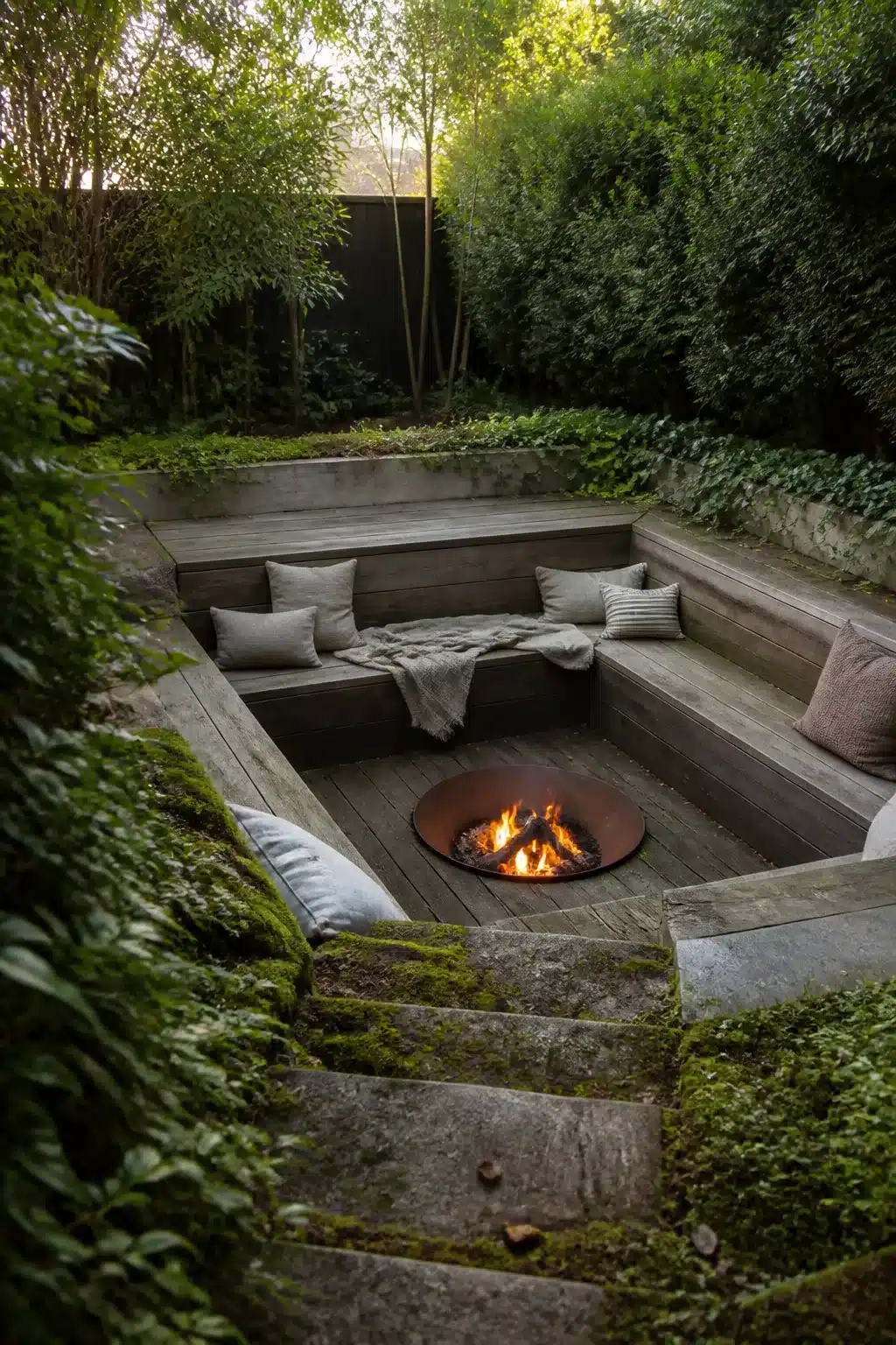 Sunken timber-decked fire pit garden room with stone steps, built-in benches, cushions, and lush green planting.
