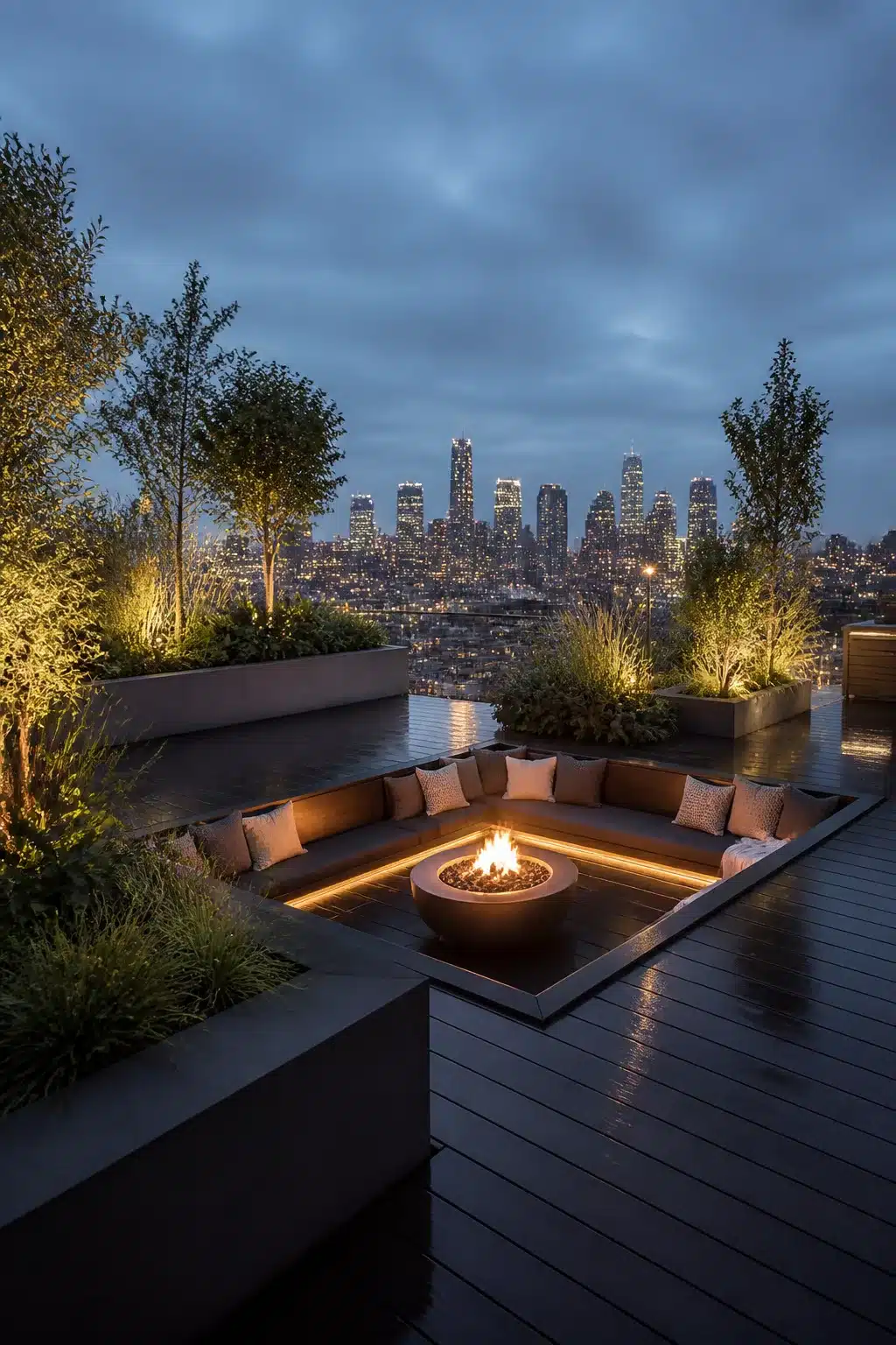 Sunken rooftop fire pit lounge with city skyline at dusk, built-in seating and uplighted trees.