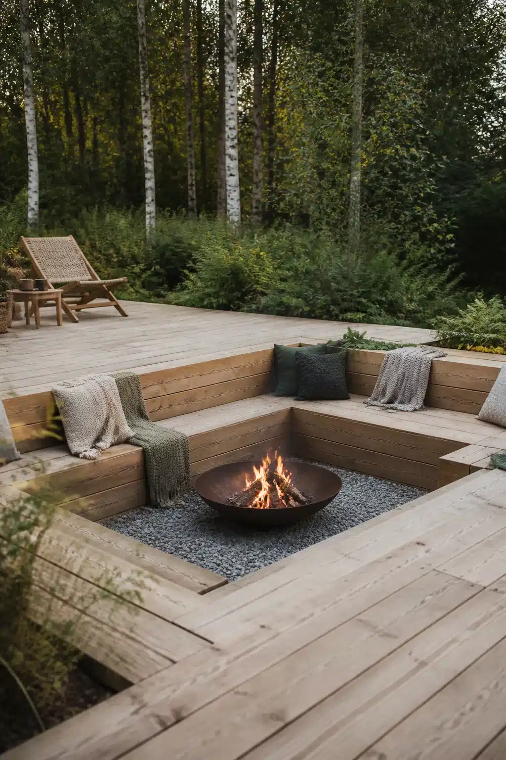 Sunken pine deck fire pit seating area with corten steel bowl, built-in bench, throws, and birch tree backdrop.