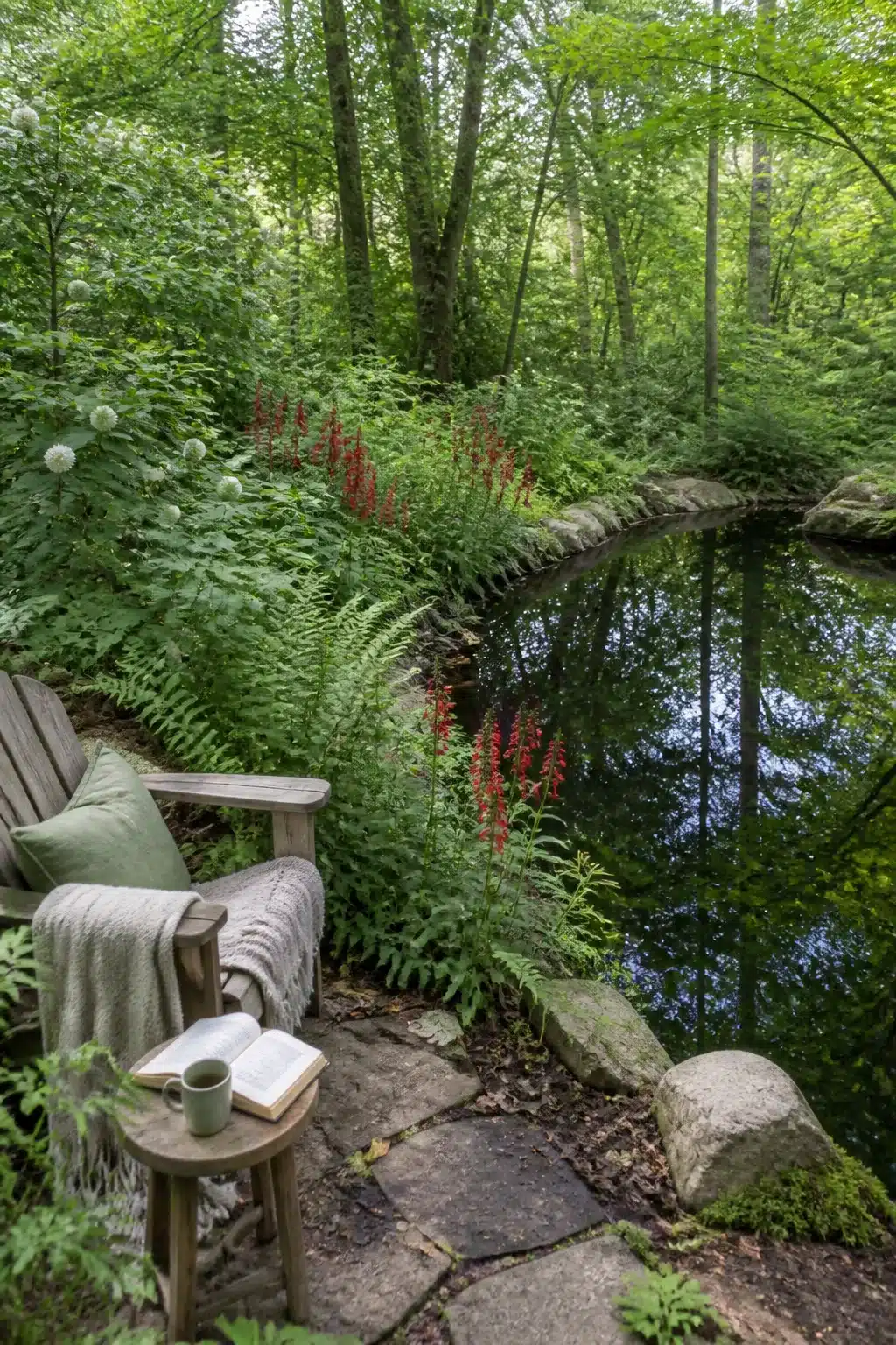 Native woodland garden pond edge with red astilbe, ferns, and stone seating area beside still water.