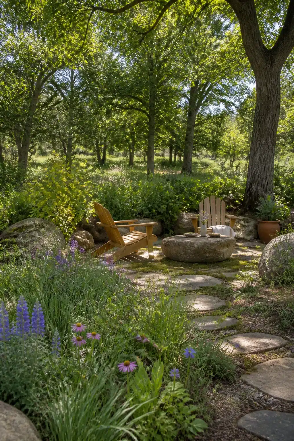 Native woodland garden with oak canopy, stone fire bowl, Adirondack chairs, coneflowers and lavender borders
