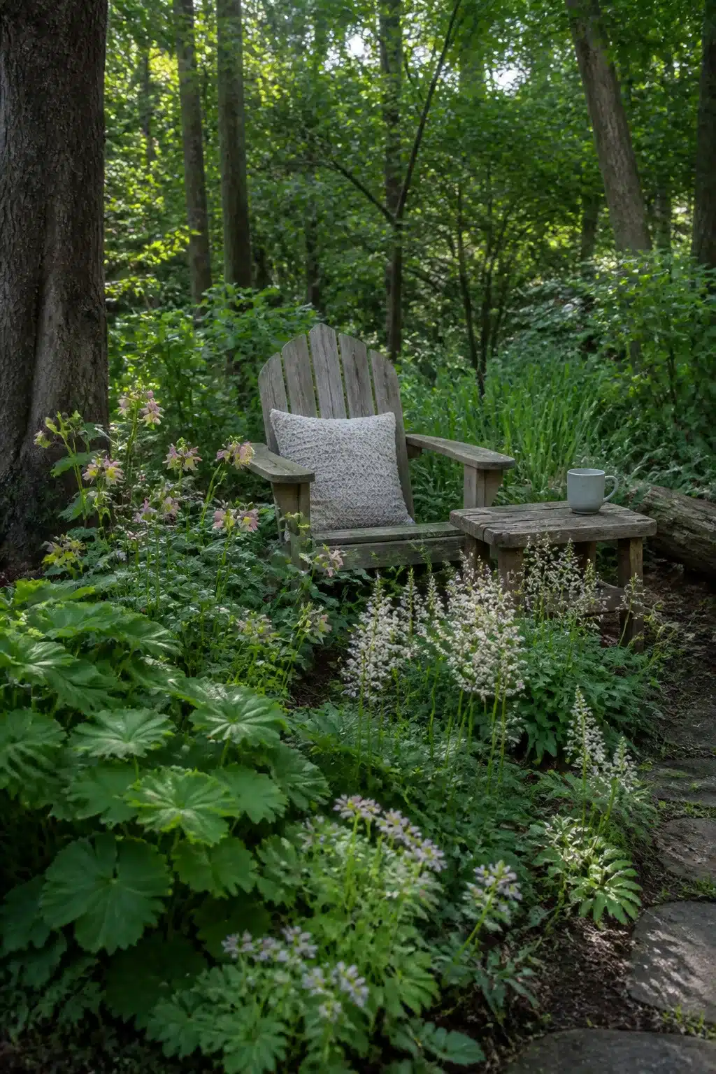 Weathered Adirondack chair surrounded by astilbe and columbine in a native woodland garden shade border.