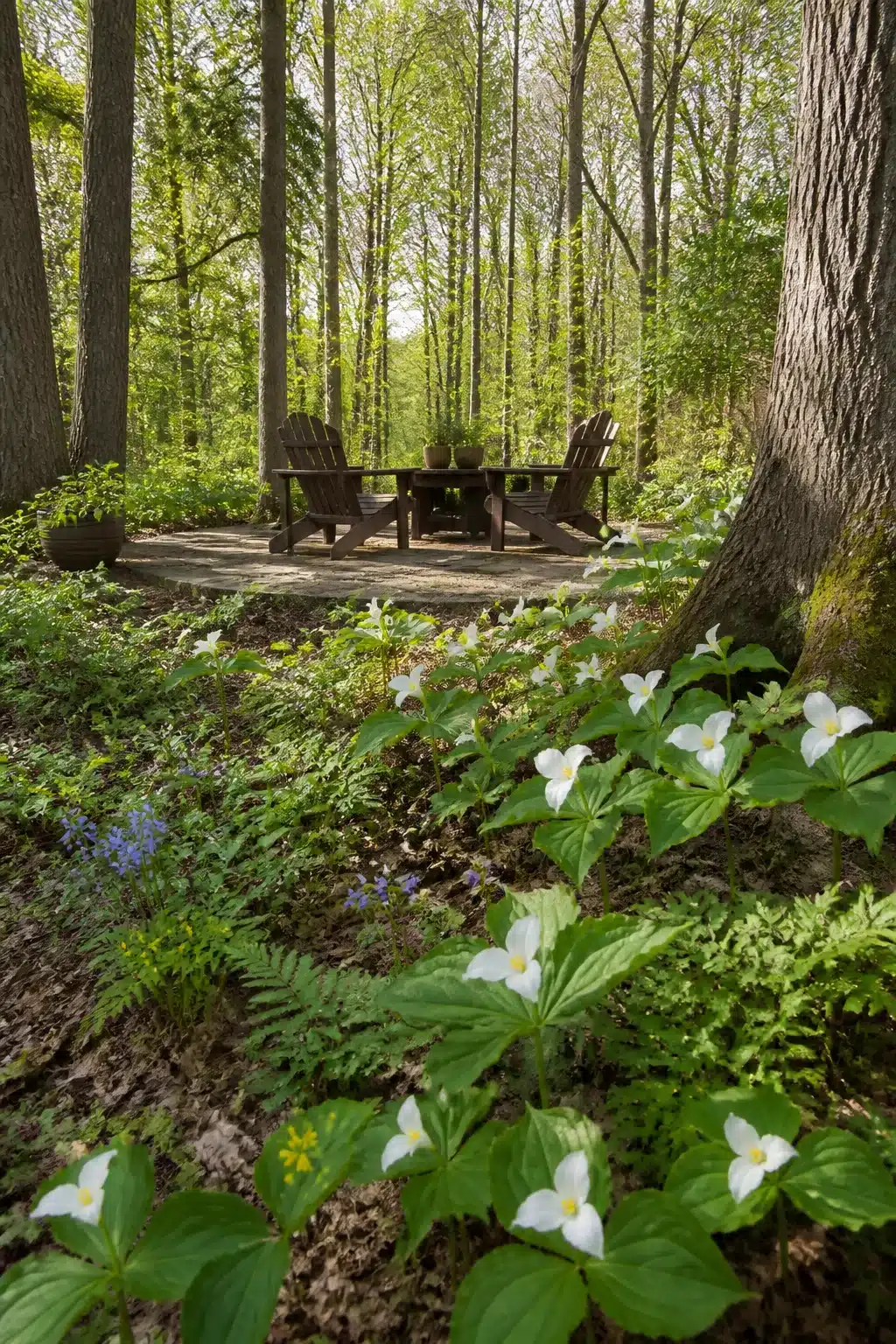 White trillium drift with gravel seating area in a native woodland garden surrounded by tall trees and ferns.