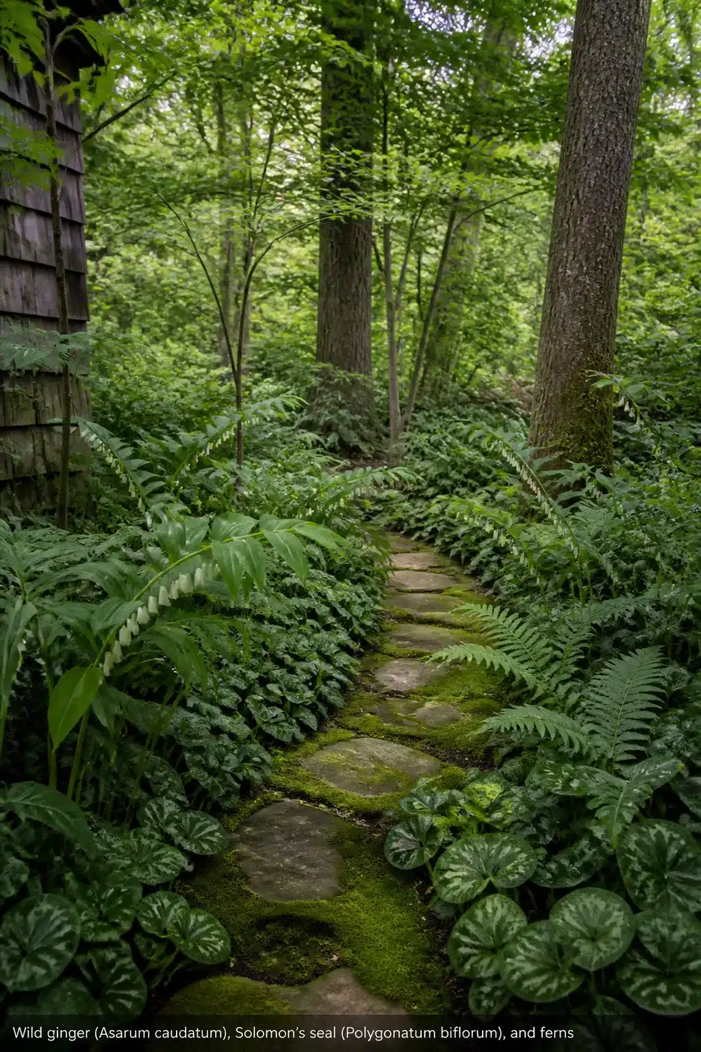 Mossy stone path through a native woodland garden planted with wild ginger, Solomon's seal, and ferns.