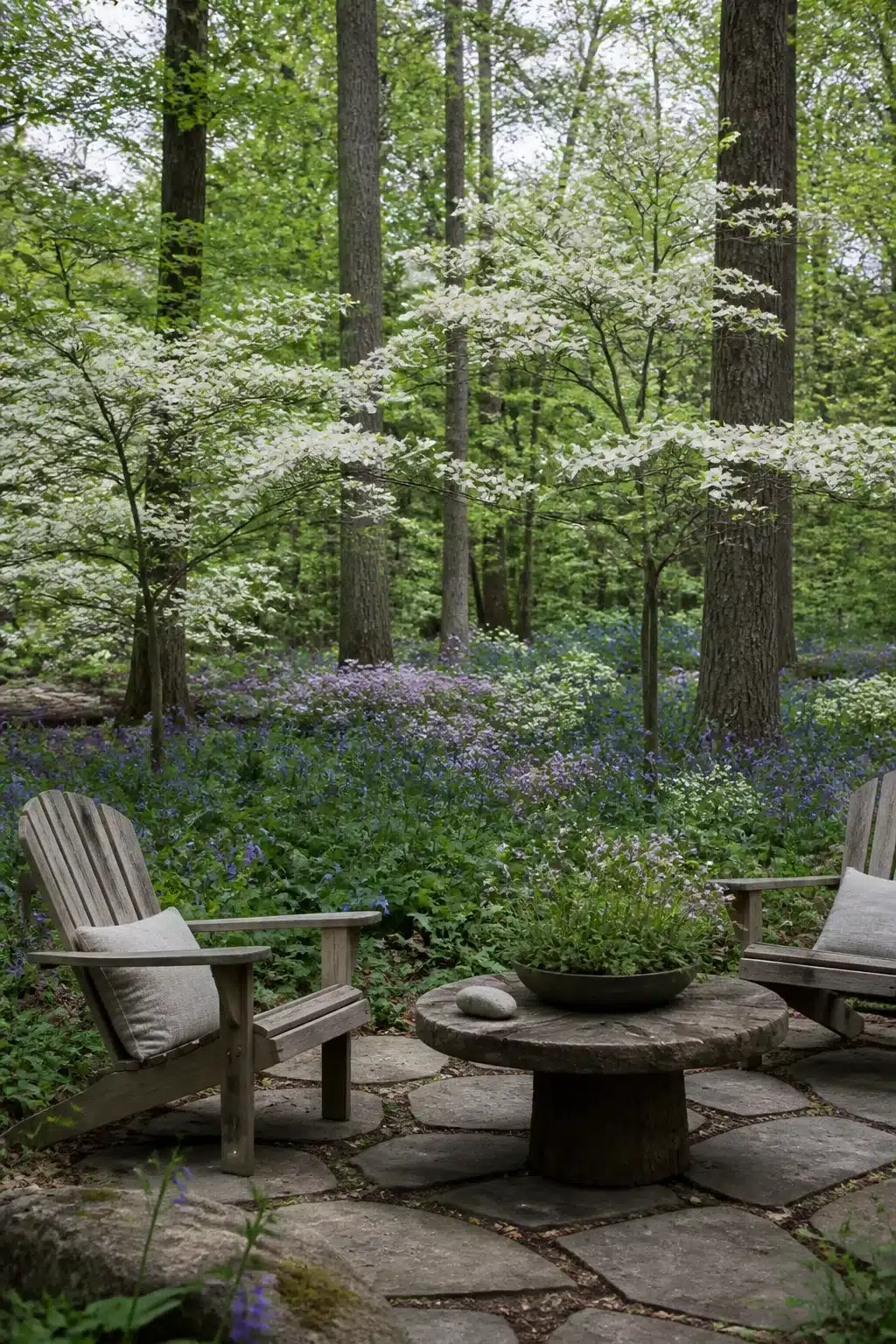 Flowering dogwood understory with bluebell carpet in a native woodland garden, flagstone patio seating area.