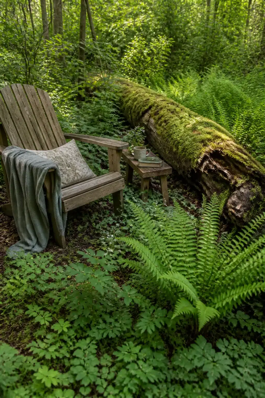 Moss-covered fallen log with native ferns and Adirondack chair in a naturalistic native woodland garden setting.