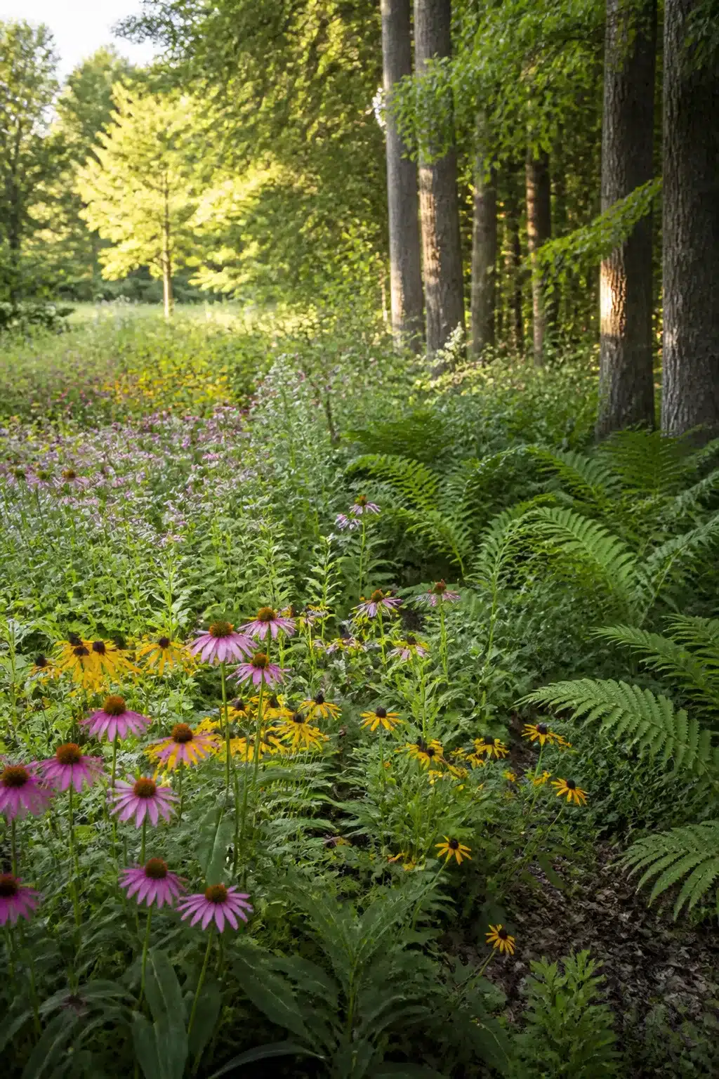 Purple coneflower and black-eyed Susan wildflower edge in a native woodland garden with ferns and tall trees