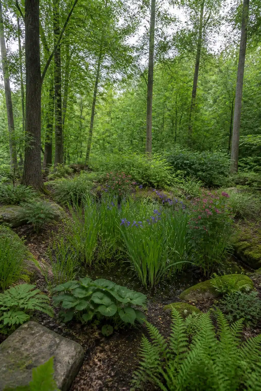 Native woodland garden rain garden with blue iris, moss boulders, ferns and naturalistic plantings under tree canopy.