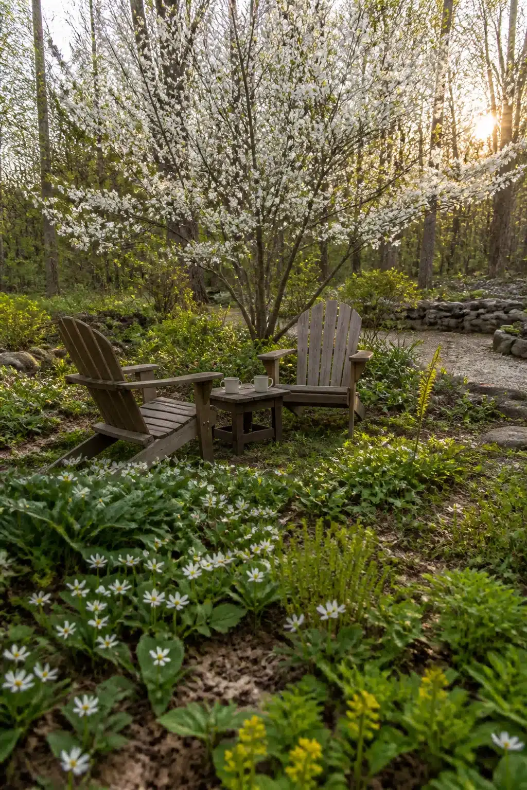 Serviceberry tree in bloom over Adirondack chairs in a native woodland garden with bloodroot ground cover