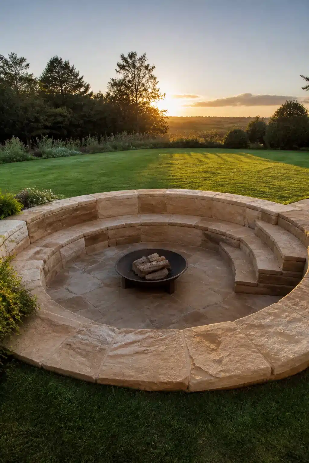 Circular sandstone sunken fire pit with curved built-in bench seating in a garden at sunset.