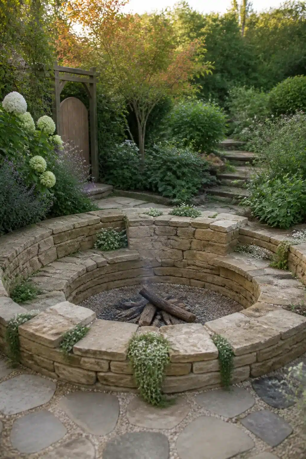 Circular sandstone sunken fire pit with integrated planting pockets and flagstone paving in a lush garden setting.