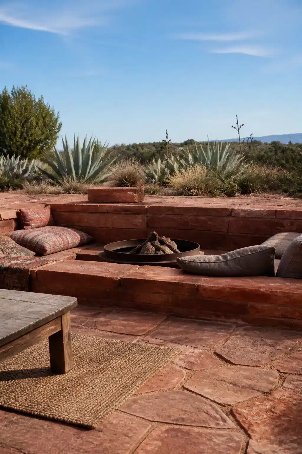 Sunken sandstone fire pit with built-in bench seating surrounded by agave and xeriscape planting.