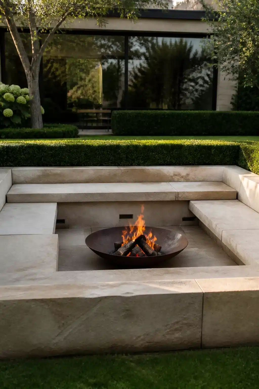 Sunken sandstone fire pit with cantilevered seating slabs and a lit bowl fire in a formal garden.