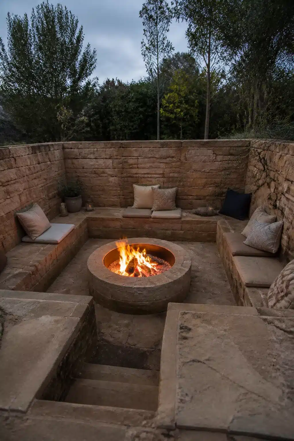 Enclosed sandstone sunken fire pit with wraparound seating walls and glowing fire bowl at dusk.