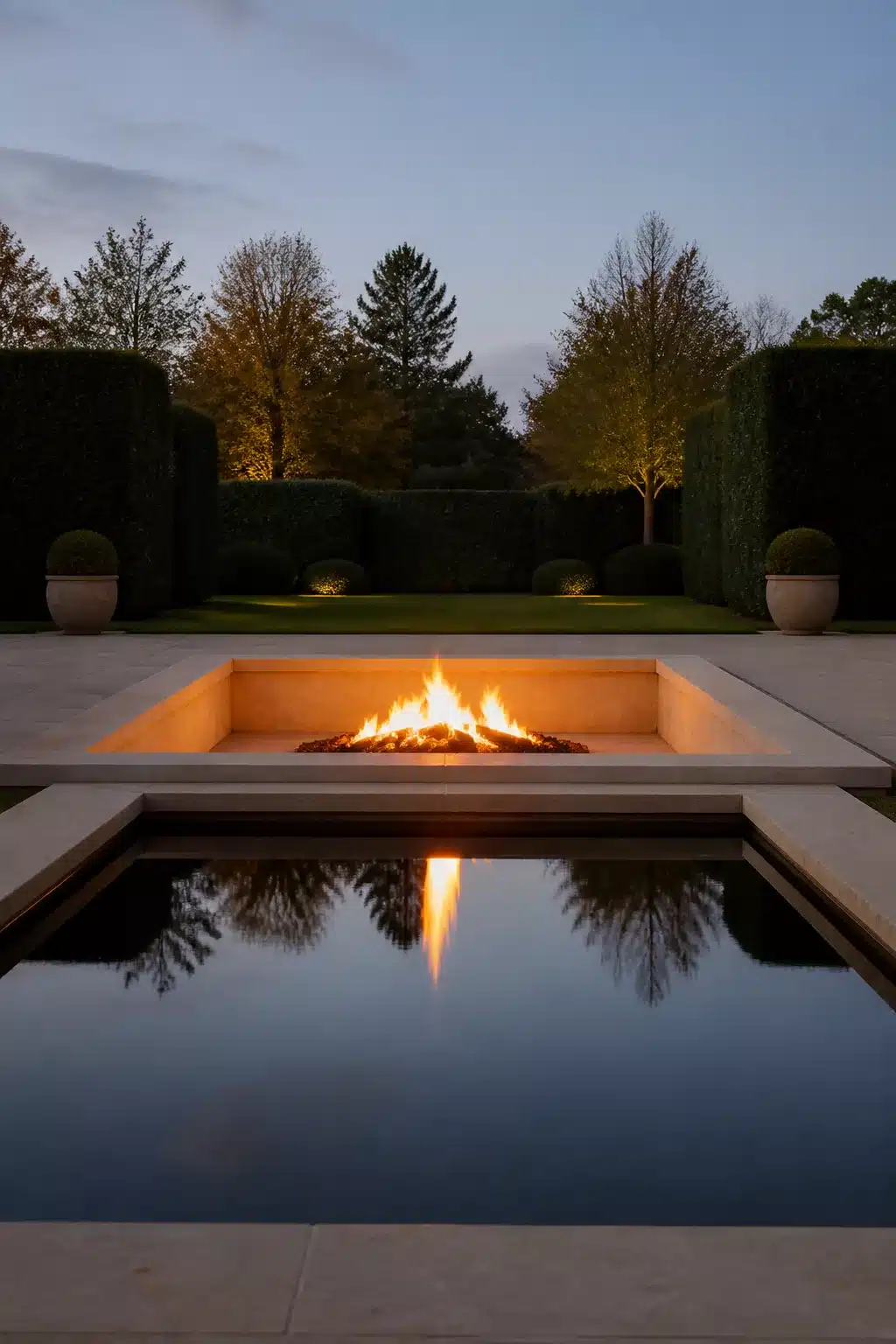 Sandstone sunken fire pit beside a formal reflecting pool in a symmetrical garden at dusk.