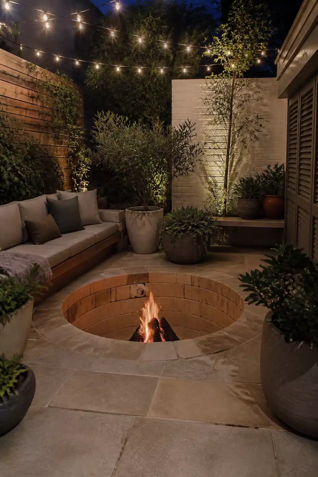 Compact courtyard with a sunken sandstone fire pit, festoon lights, built-in seating and potted olive trees at night.