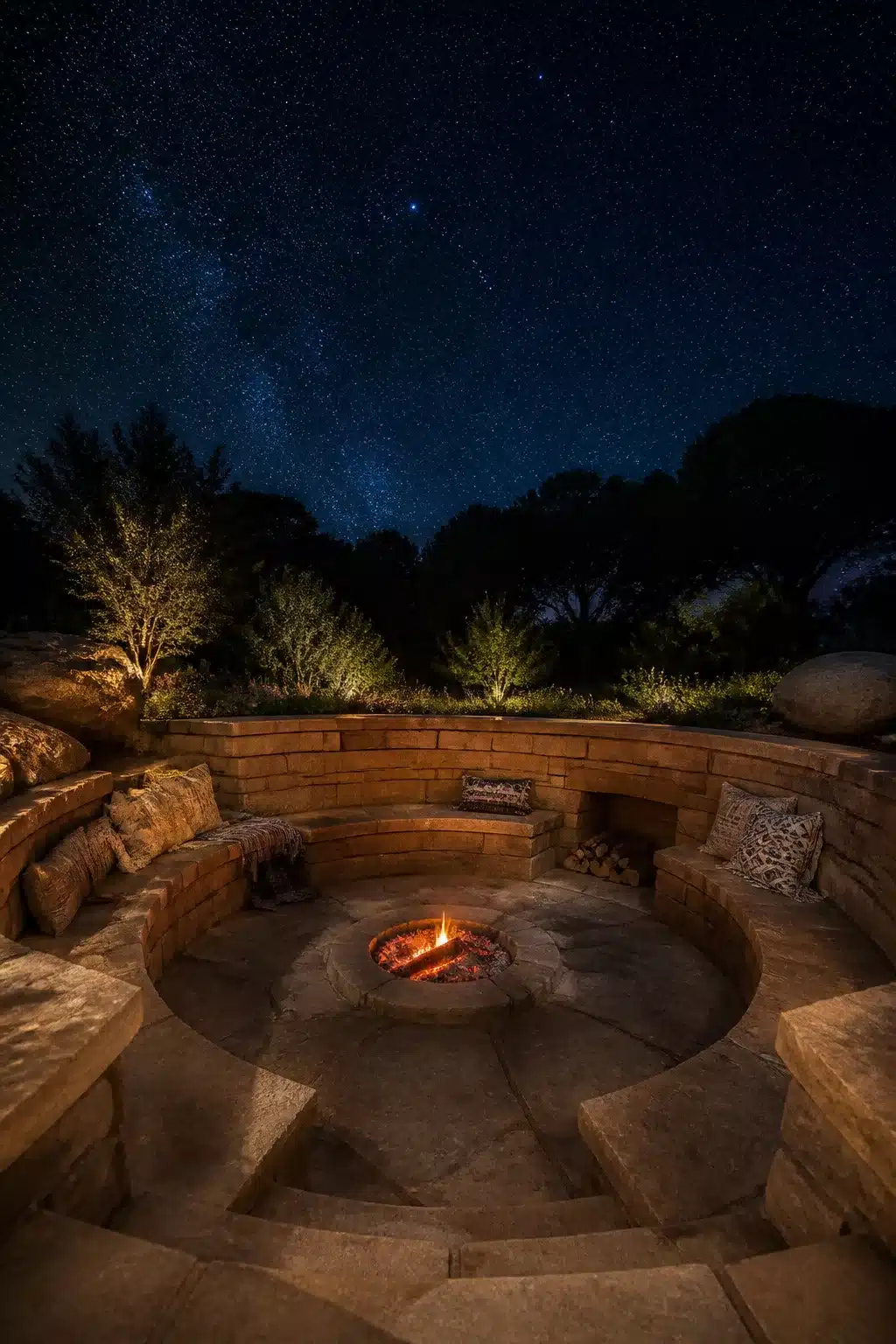 Circular sunken sandstone fire pit with built-in seating under a star-filled night sky.