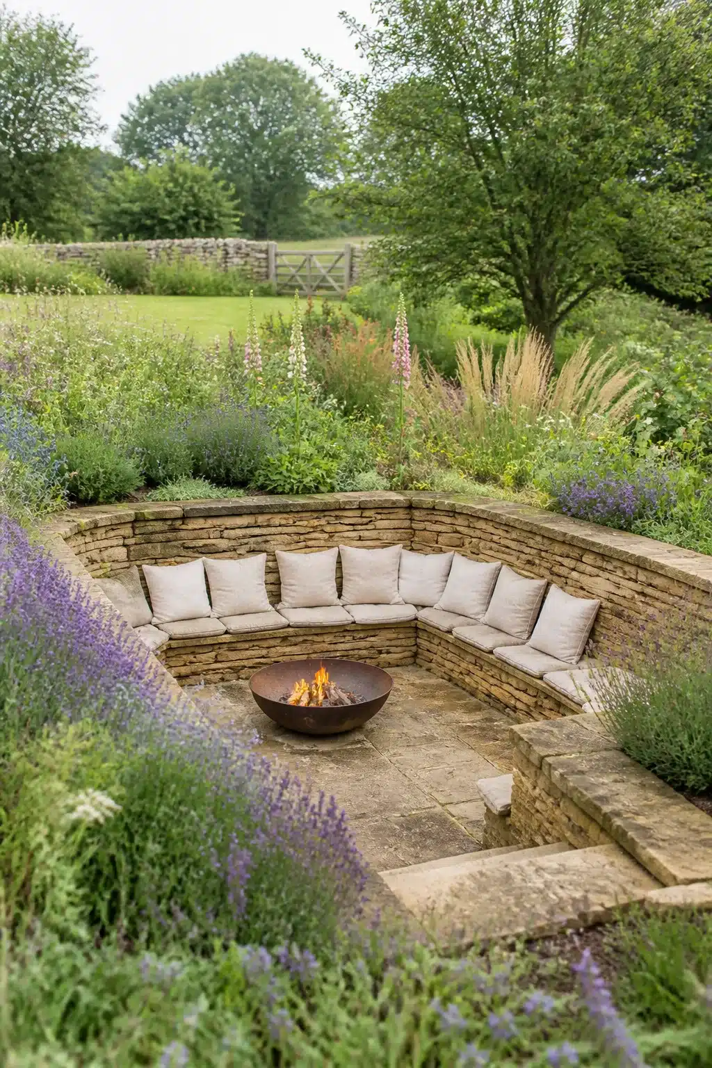 Rustic dry-stack sandstone sunken fire pit with curved bench seating in a cottage garden setting.