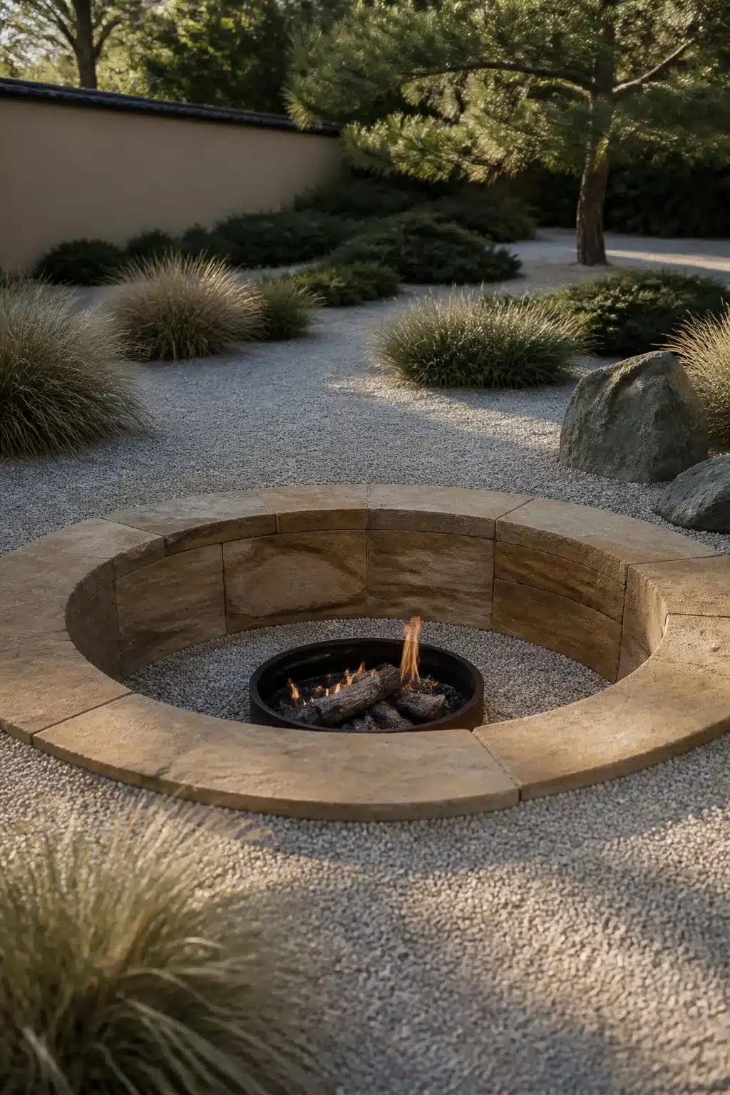 Circular sandstone sunken fire pit set into gravel garden with ornamental grasses and boulders.