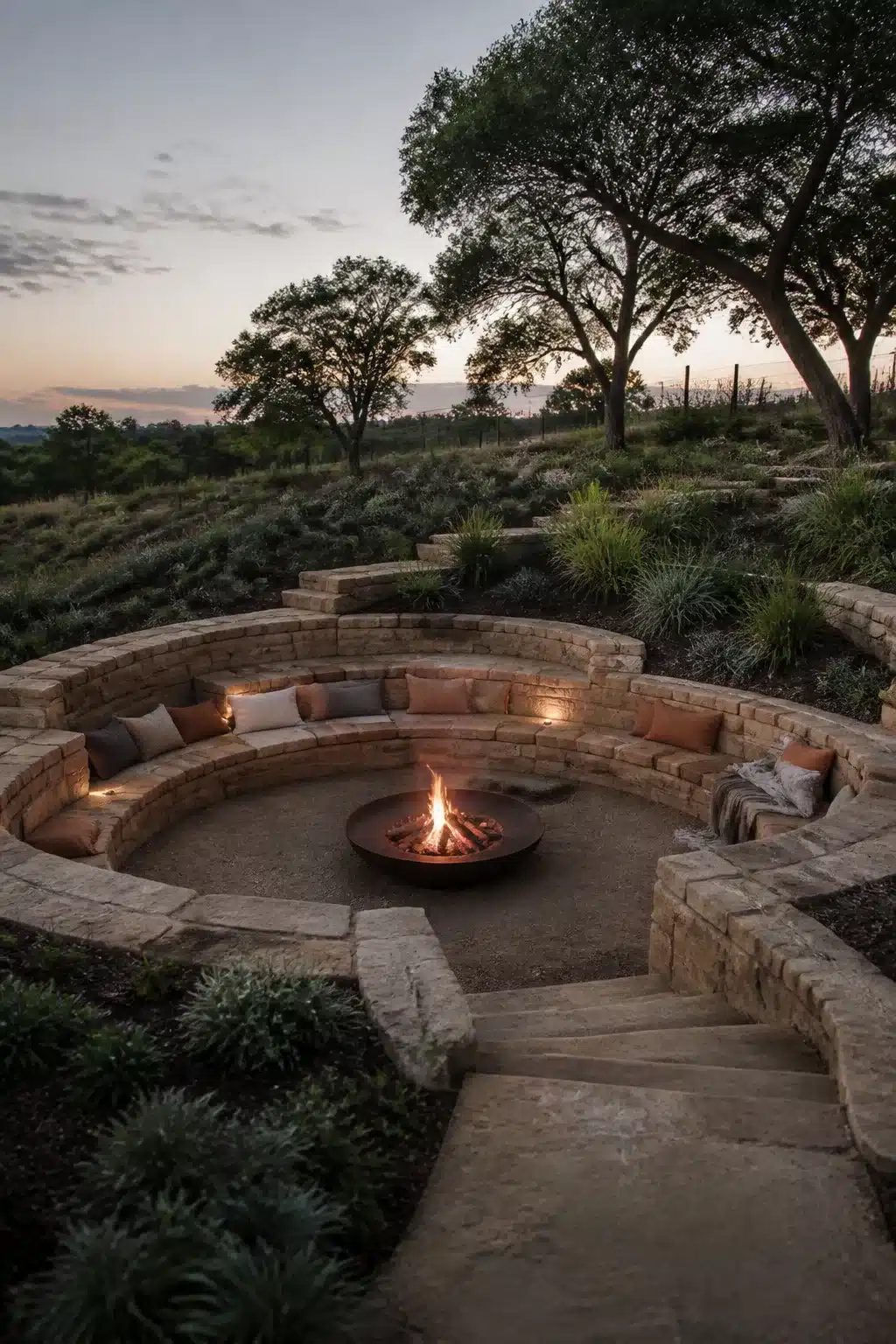 Circular sandstone sunken fire pit with curved bench seating on a sloped garden at dusk.