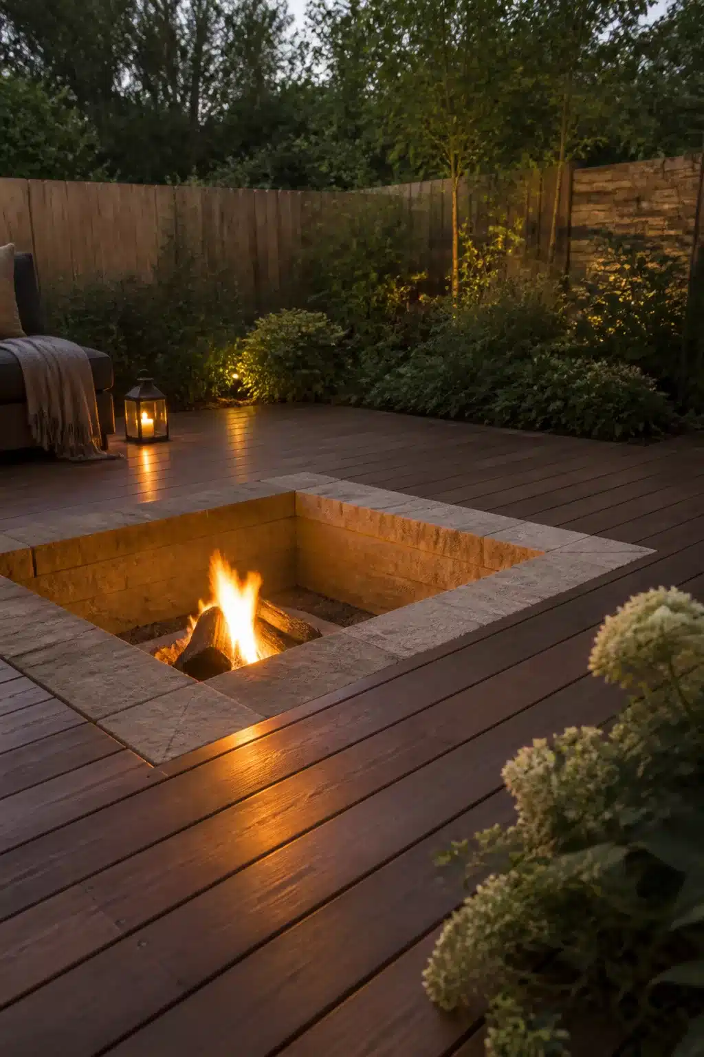 Sandstone sunken fire pit flush with dark timber decking in an evening garden setting with soft lantern light.
