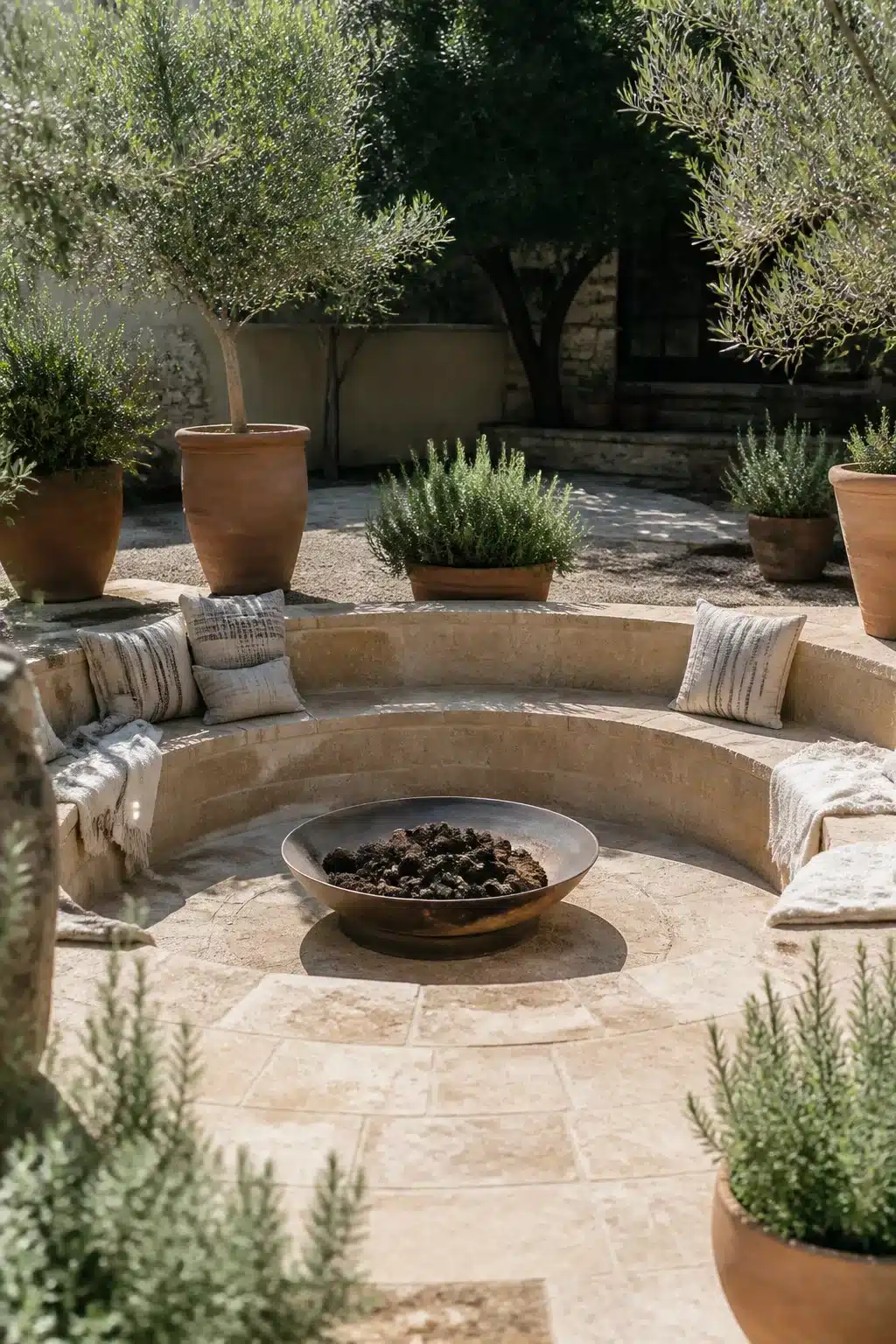 Mediterranean sandstone sunken fire pit with curved bench seating, iron fire bowl, terracotta pots and olive trees.