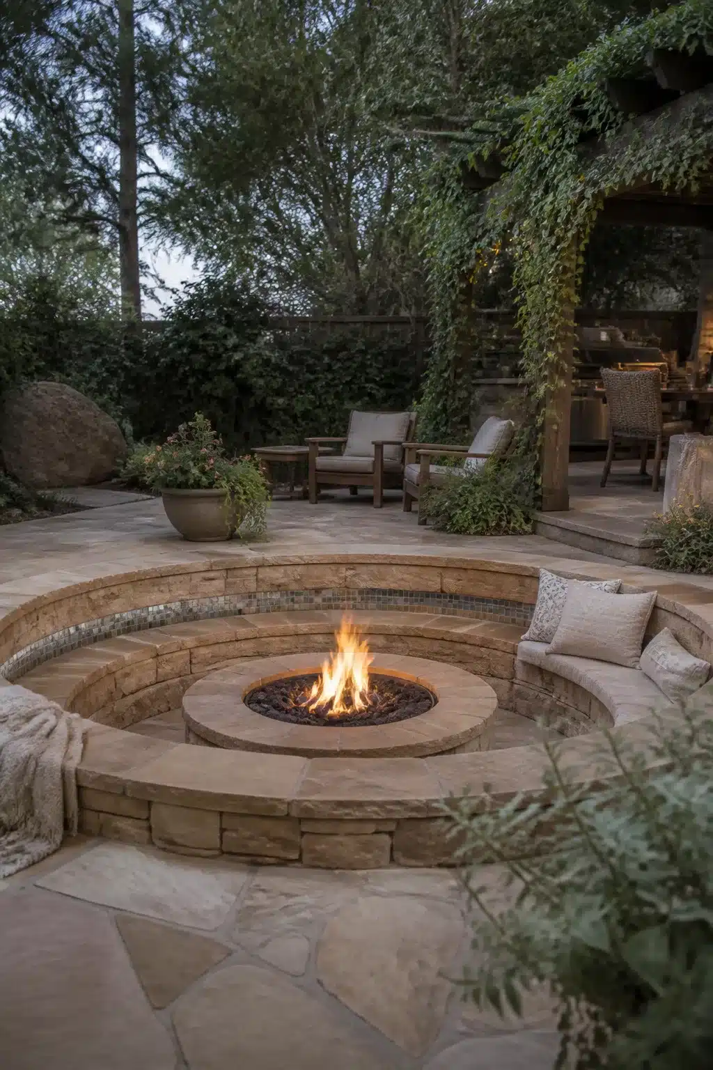 Circular sunken sandstone fire pit with mosaic tile detail, built-in curved bench seating, and lush garden backdrop.